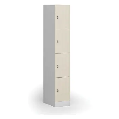 Šatní skříňka s úložnými boxy, 4 boxy, 1850 x 300 x 500 mm, otočný zámek, laminované dveře, bříz