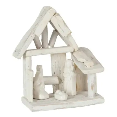 Bílý dřevěný Betlém s porcelánovými postavičkami Nativity wood - 16*10*19 cm