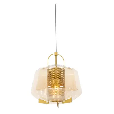 Art deco závěsná lampa zlatá s jantarovým sklem 30 cm - Kevin