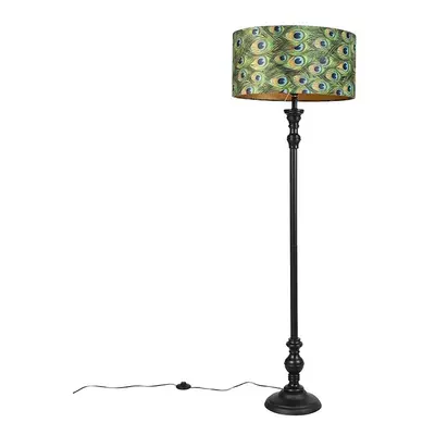 Stojací lampa černá s velurovým odstínem páv zlatá 50 cm - Classico