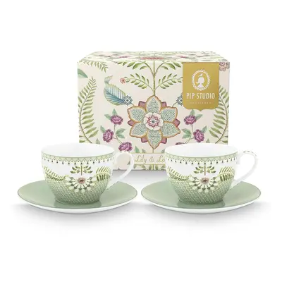 Pip Studio Lily & Lotus sada 2ks cappuccino šálků s podšálky 270ml, zelená