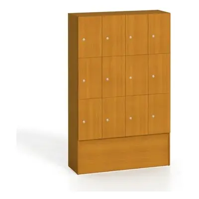 Dřevěná šatní skříňka s odkládacími boxy, 12 boxů, 1700 x 1200 x 420 mm, cylindrický zámek, třeš