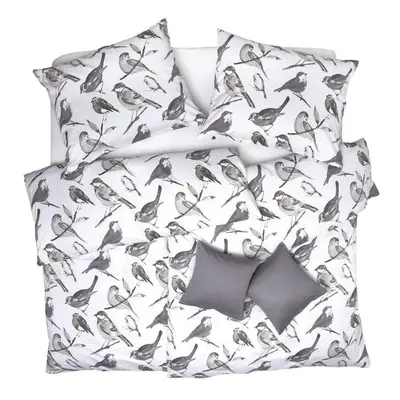 SCANquilt povlečení SATÉN DESIGN grey birds šedobéžová 140 x 200/70 x 90 cm