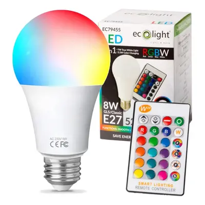 ECOLIGHT LED žárovka E27 - 8W - RGB+NW + dálkový ovladač