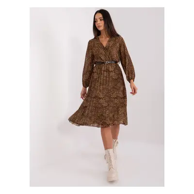 Leopardí plisované midi šaty s páskem DHJ-SK-10536N-3.31X-brown