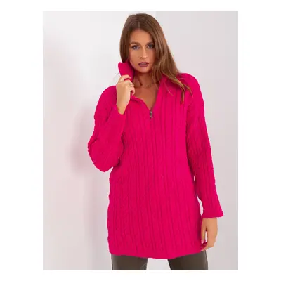 Tmavě růžový delší oversize rolák s copánkovým vzorem a zipem BA-SW-0282.13P-fuchsia