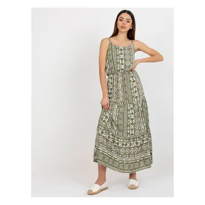 Khaki vzorované maxi šaty na ramínka -D73771R30313B-khaki