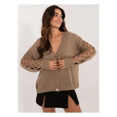 Tmavě béžový oversize svetr se čtvercovými otevřenými vzory MI-SW-2908.28-dark beige