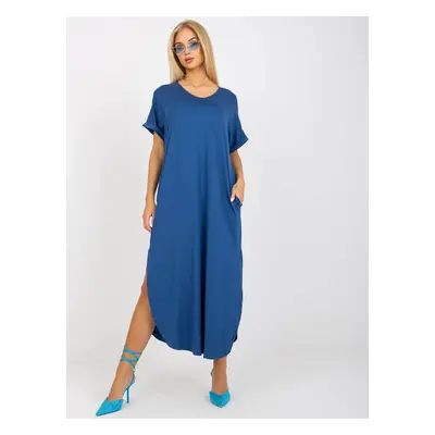 TMAVĚ MODRÉ BAVLNĚNÉ OVERSIZE ŠATY ROZPARKY -TW-SK-OB031.11-DARK BLUE