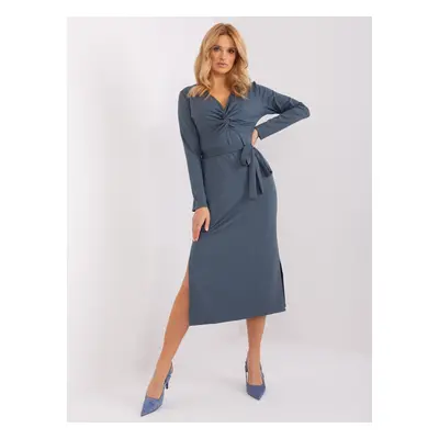 Tmavě modré midi šaty s páskem -LK-SK-509456.99-dark blue