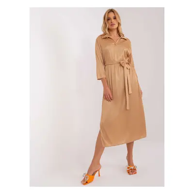 Hnědé midi šaty s páskem -LK-SK-509348.04-camel