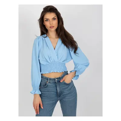 Světle modrá crop top halenka s elastickým řasením DHJ-BZ-13866.92P-light blue