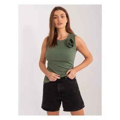 Khaki žebrovaný top s květinou DHJ-TP-17733.22X-khaki