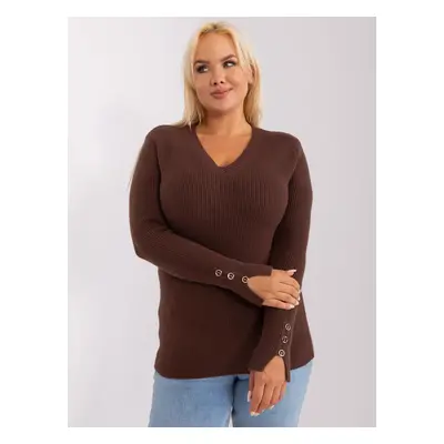 Tmavě hnědý žebrovaný svetr s výstřihem -PM-SW-PM-3770.30-dark brown