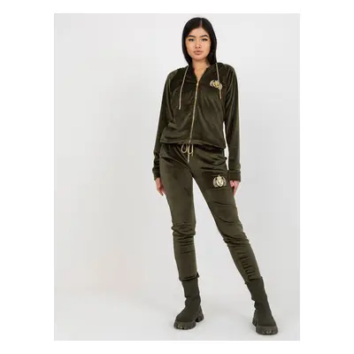 Khaki velurová souprava s výšivkami -RV-KMPL-8443.98P-khaki