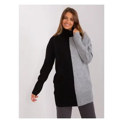 ŠEDO-ČERNÝ DELŠÍ SVETR S ROLÁKEM BA-SW-0234.65P-GREY-BLACK