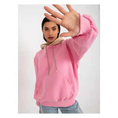 Růžová oversize mikina s béžovou kapucí -EM-BL-696.68-pink