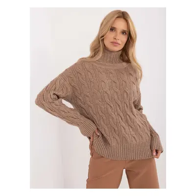 Tmavě béžový copánkový svetr s rolákem AT-SW-23445.00-dark beige