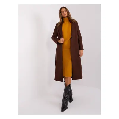 TMAVĚ HNĚDÝ DLOUHÝ KABÁT PÁSKEM TW-PL-BI-5312-1.31-DARK BROWN