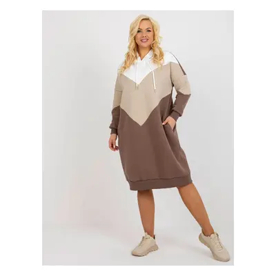 Mikinové plus size šaty - smetanová/béžová/hnědá -RV-SK-8420.17-mlt