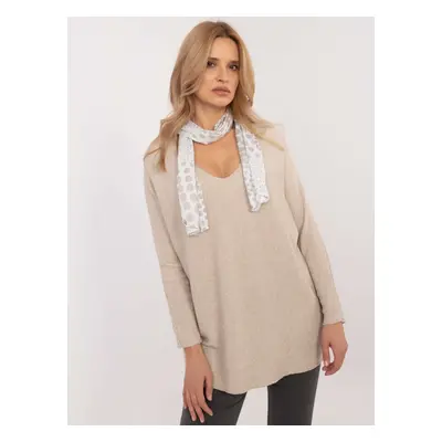 Béžový dámský oversize svetr s výstřihem do V DHJ-BZ-19226.91-beige