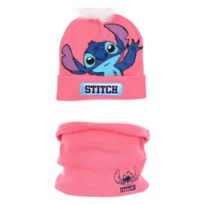 Růžový dívčí set čepice a nákrčníku Stitch