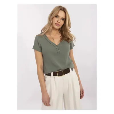 Khaki dámské žebrované tričko s ozdobnými knoflíky DHJ-BZ-25168.00-khaki