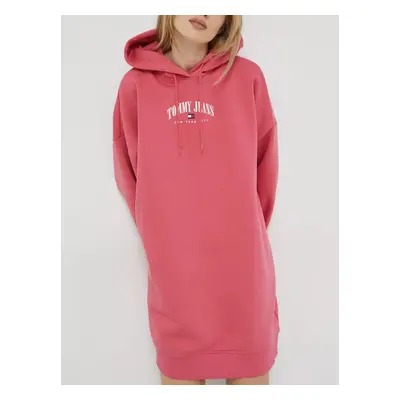 Tommy Jeans dámské růžové mikinové šaty ESSENTIAL LOGO 2 HOOD DRES