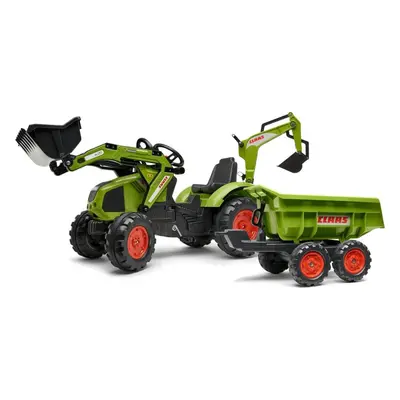 Falk Šlapací traktor 1010W Claas Axos s nakladačem, rypadlem a vlečkou