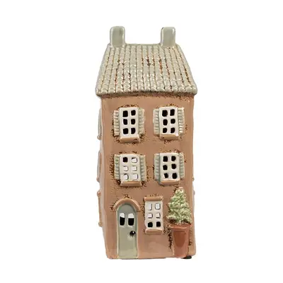 Hnědý keramický svícen na čajovou svíčku domek Amster Village - 12*9*28 cm Clayre & Eef