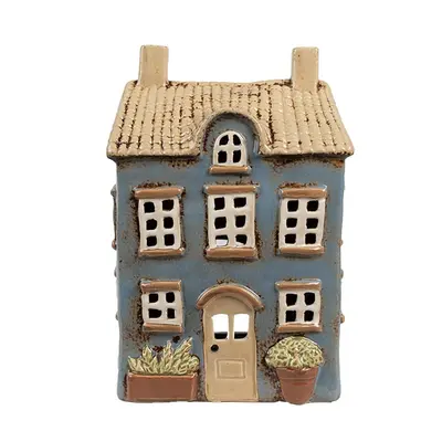 Modrý keramický svícen na čajovou svíčku domek Amster Village - 16*10*23 cm Clayre & Eef