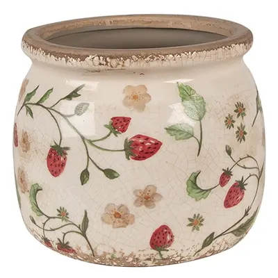 Béžový keramický obal na květináč s jahůdkami Wild Strawberries M - Ø 16*13 cm Clayre & Eef