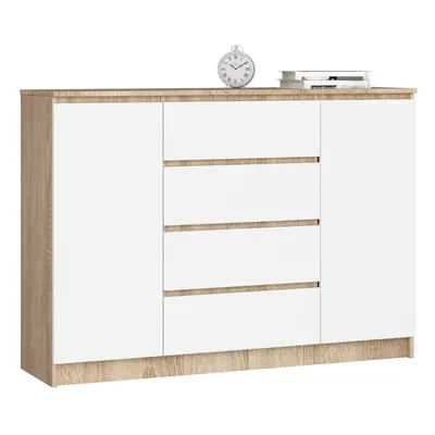 Ak furniture Komoda Kryštof 140 cm 2 skříňky a 4 šuplíky dub sonoma/bílá