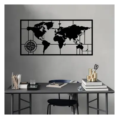 Hanah Home Nástěnná kovová dekorace Mapa světa kompas II 121x60 cm černá