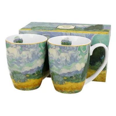 DekorStyle Sada 2 ks porcelánových hrnků Van Gogh WHEAT FIELD WITH CYPRESSES 350 ml modrá