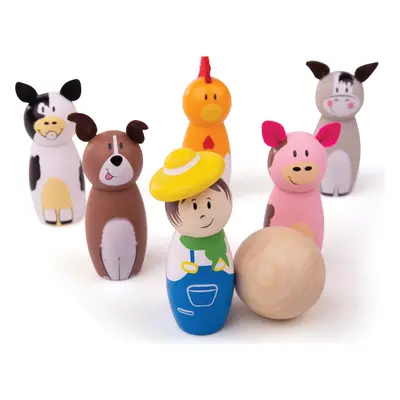 Bigjigs Toys Dřevěné kuželky FARM vícebarevné