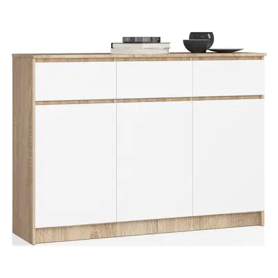 Ak furniture Komoda Karolína 140 cm 3 skříňky a 3 šuplíky dub sonoma/bílá