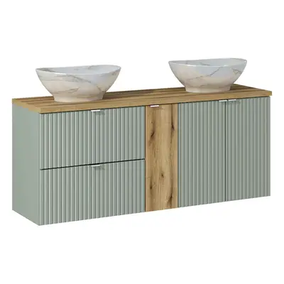 Comad Závěsná skříňka Line Reed Green Pati s deskou a umyvadly 140 cm zelená/dub coast evoke