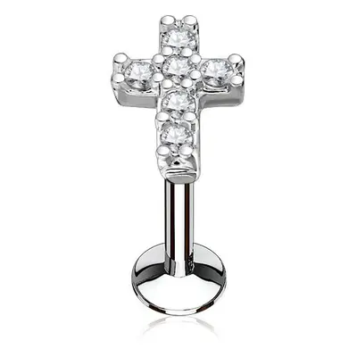 S4U Šperky4U Piercing do brady křížek 1,2 x 6 mm, čiré zirkony - LB0027C-1206