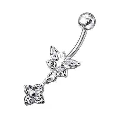 S4U Šperky4U Stříbrný piercing do pupíku - motýlek s kytičkou (čirá) - BP01287-C