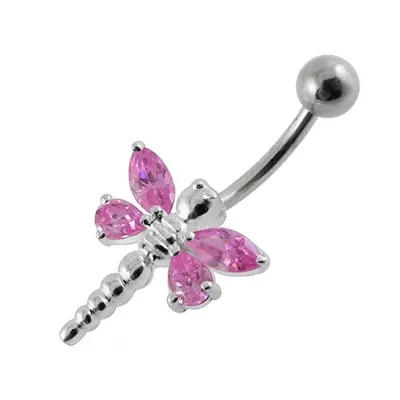 S4U Šperky4U Stříbrný piercing do pupíku - vážka (růžová) - BP01188-P