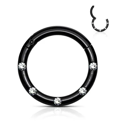 MARRE Černý piercing kruh segment, čiré kameny, 1,2 x 8 mm