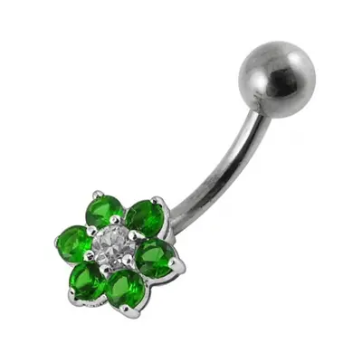 S4U Šperky4U Stříbrný piercing do pupíku - kytička, tmavě zelené zirkony - BP01018-E