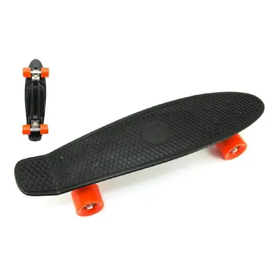 Skateboard - pennyboard 60cm nosnost 90kg, kovové osy, černá barva, oranžová kola