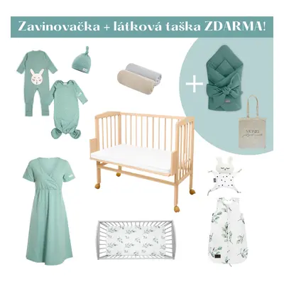 Sleepee Sada pro pohodlné noční kojení s přístavnou postýlkou pro miminko mint/green+ taška a za