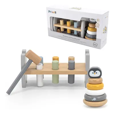 Viga Toys Montessori sada navlékací kroužky + zatloukací kladivo Tučňák Viga PolarB