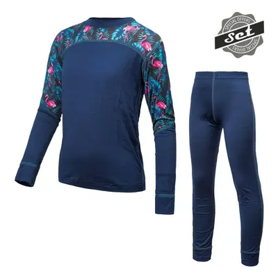 SENSOR MERINO IMPRESS SET dětský triko dl.rukáv + spodky deep blue/floral