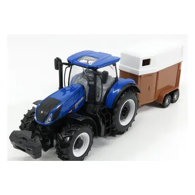 Bburago New holland T7000 Tractor With Horse Trailer - Trasporto Cavalli 1:32 Modrá Hnědá Bílá