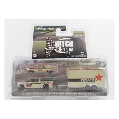 Greenlight Chevrolet Silverado Pick-up 2021 With Trailer + Camaro Rs Texaco Coupe 1969 1:64 Beig