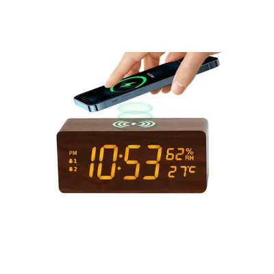 15W Multi-Function Wood Wireless Charger & Alarm & LED Clock (vč Aku)